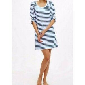 Anthropologie E By Eloise Mini Dress Scoop Neck Striped Blue White Tab Roll 3/4
